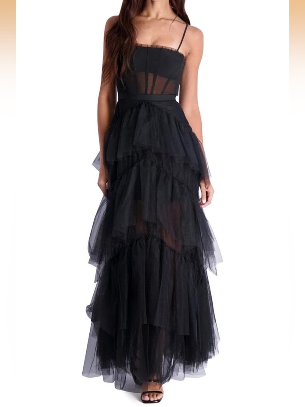 BCBGMaxAzria Black Tiered Tulle Maxi Gown with Sheer Bodice